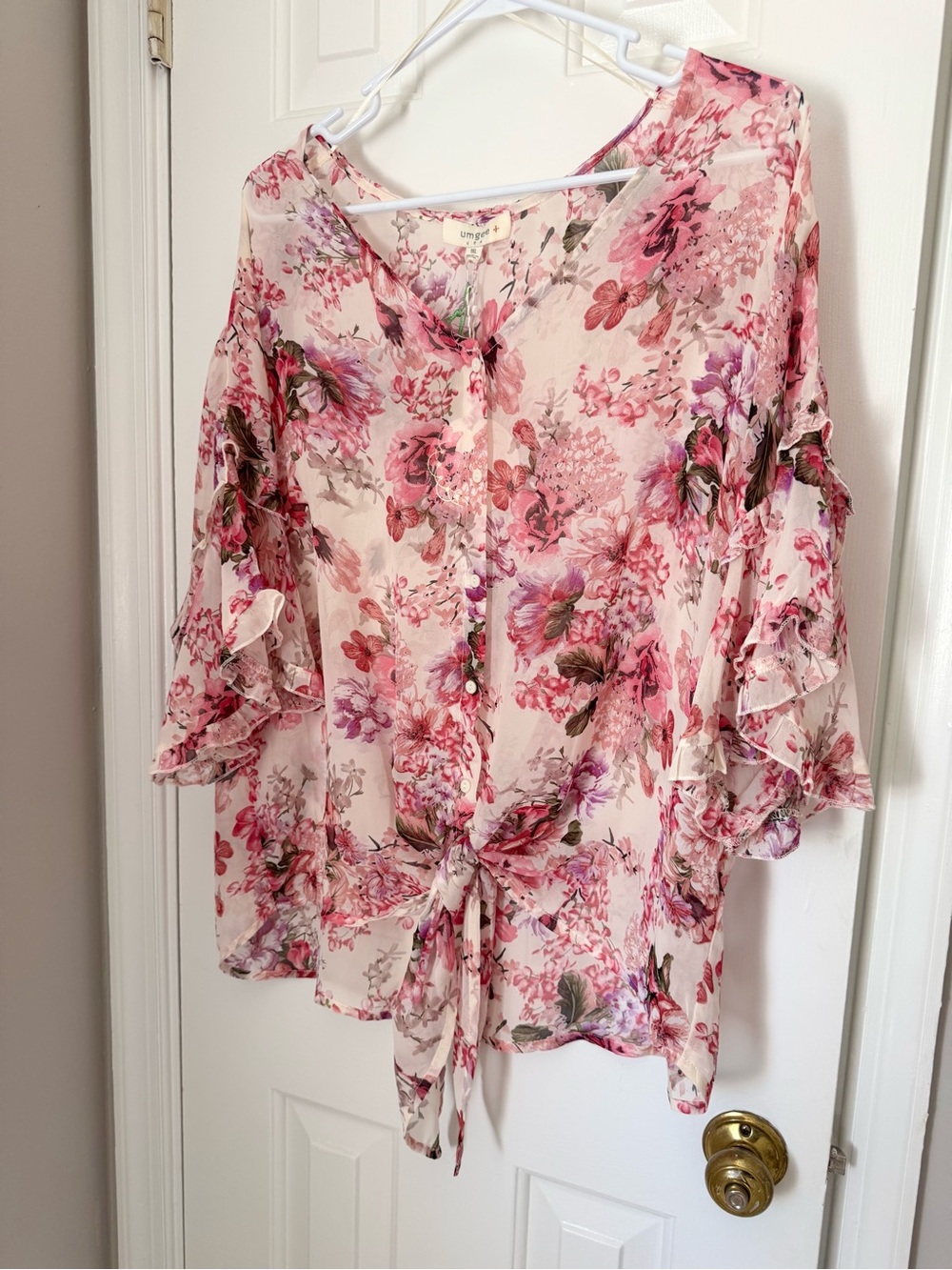 NWT, Umgee, Pink, Floral, Tie-Front, Blouse, Vacation, Cottagecore, Size 1X